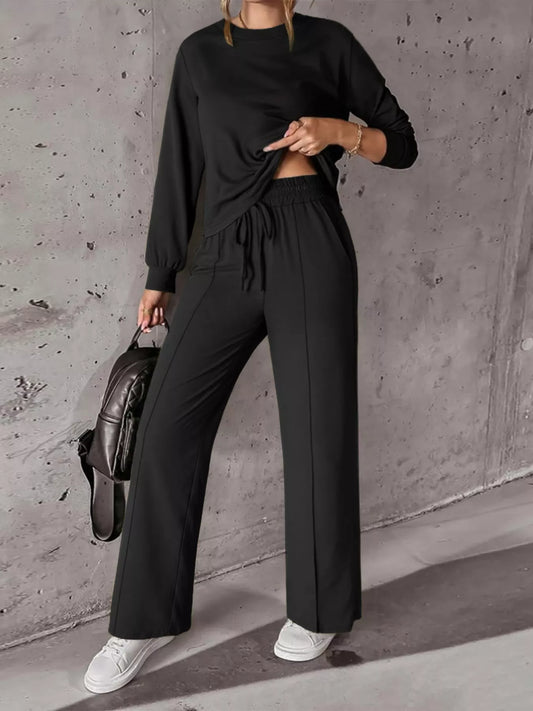 Solid Color Long Sleeve Top & Wide Leg Pants Set - Trendsi - Flyclothing LLC