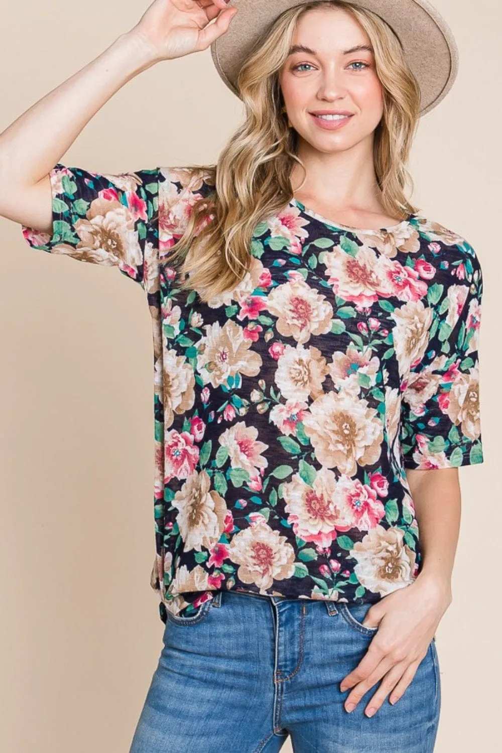 BOMBOM Floral Round Neck T-Shirt - Trendsi - Flyclothing LLC