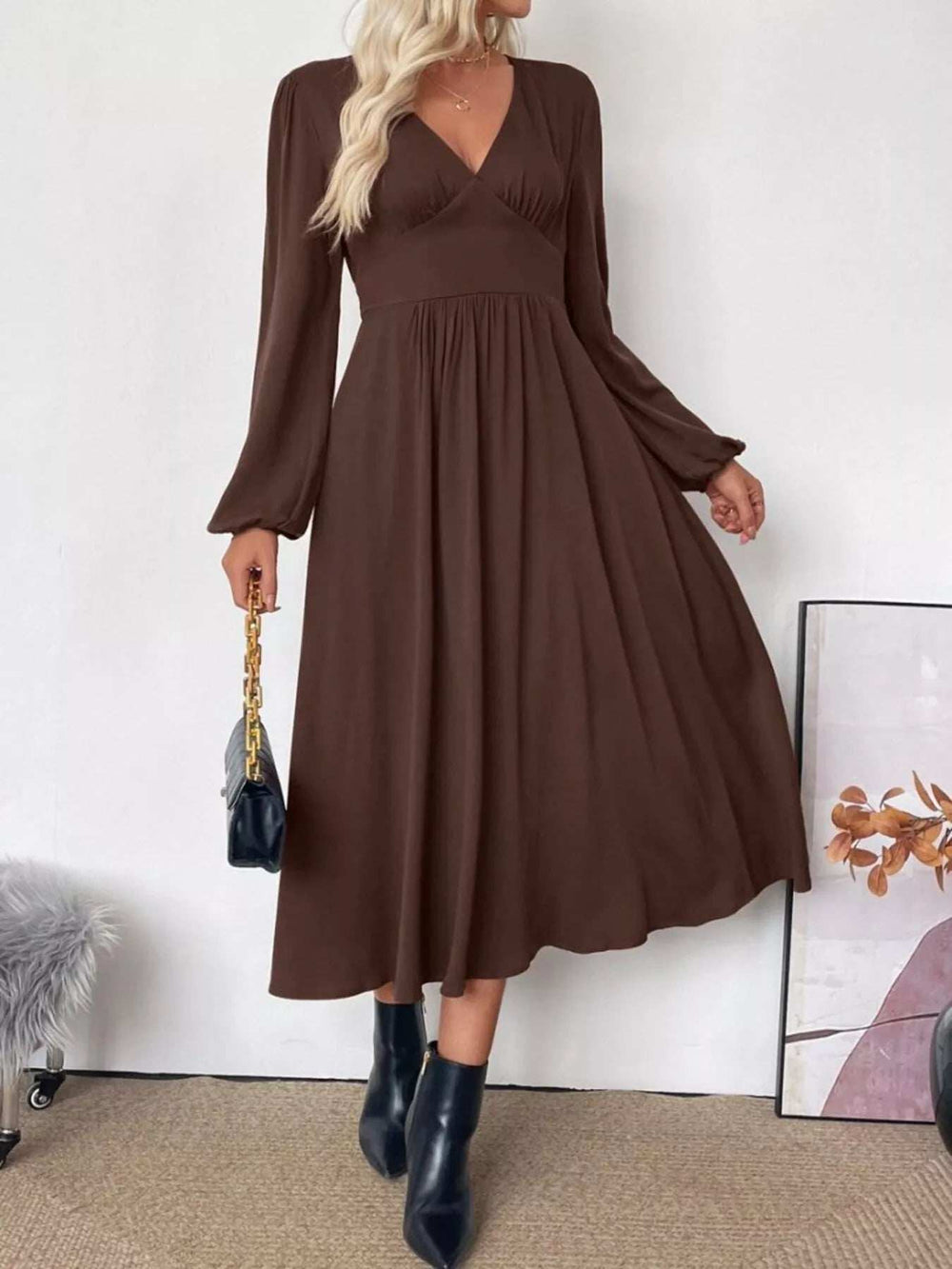 V-Neck Balloon Sleeve Midi Dress - Trendsi - Flyclothing LLC