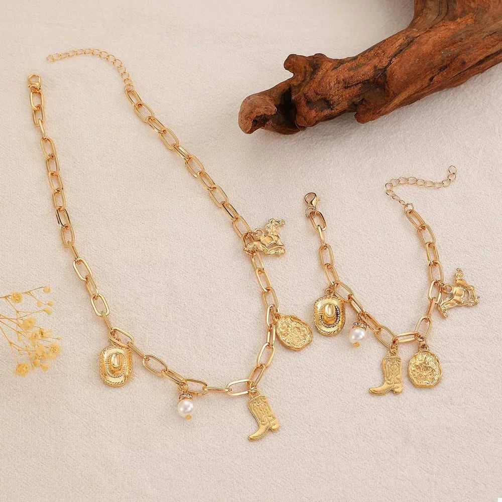 18K Gold-Plated Charm Necklace and Bracelet Jewelry Set - Trendsi - Flyclothing LLC