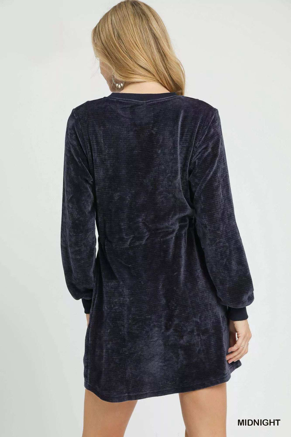 Umgee Velour Drawstring Mini Dress with Long Sleeves - Trendsi - Flyclothing LLC