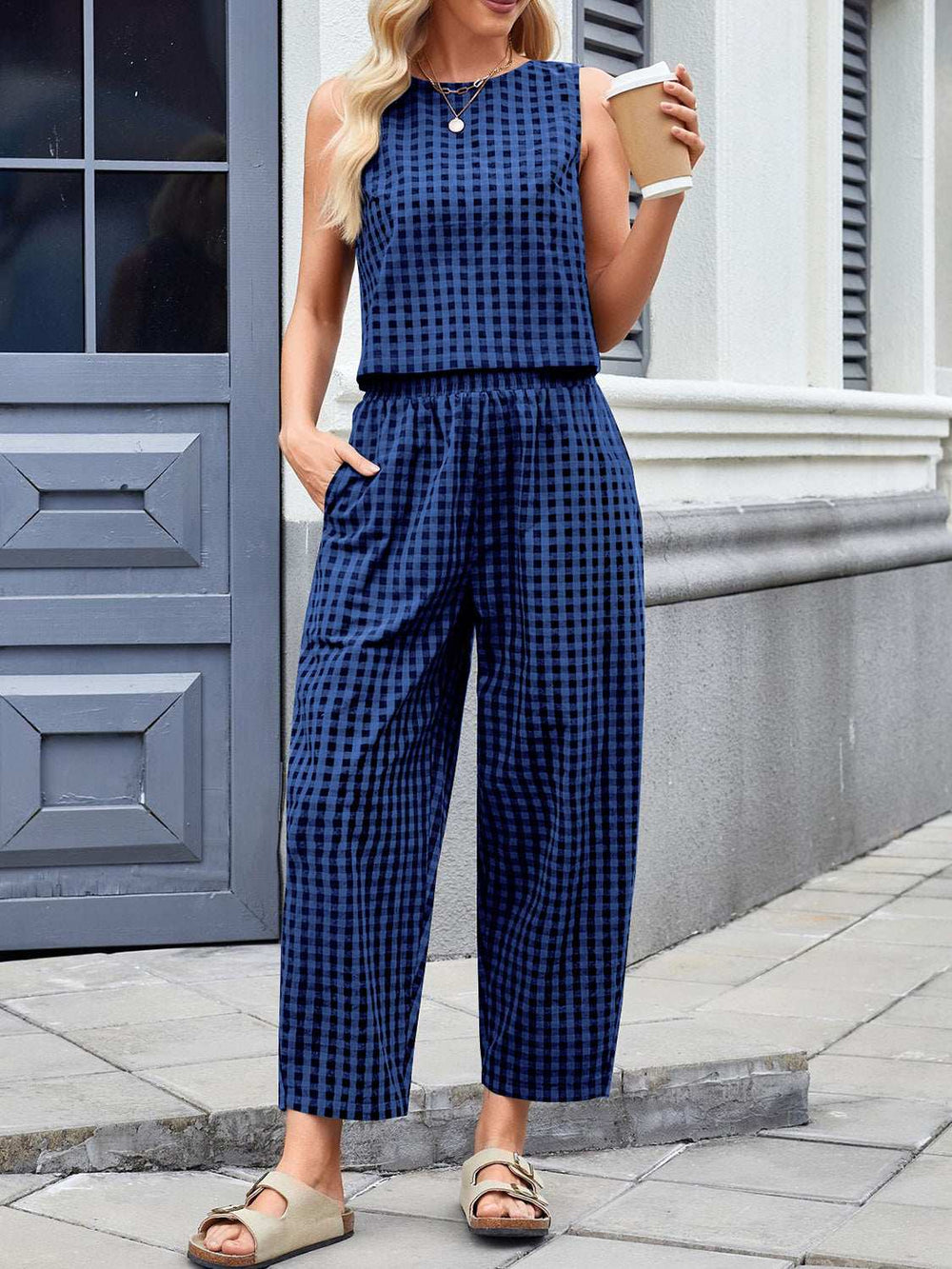 Lovelet Plaid Round Neck Sleeveless Top and Pants Set - Trendsi - Flyclothing LLC