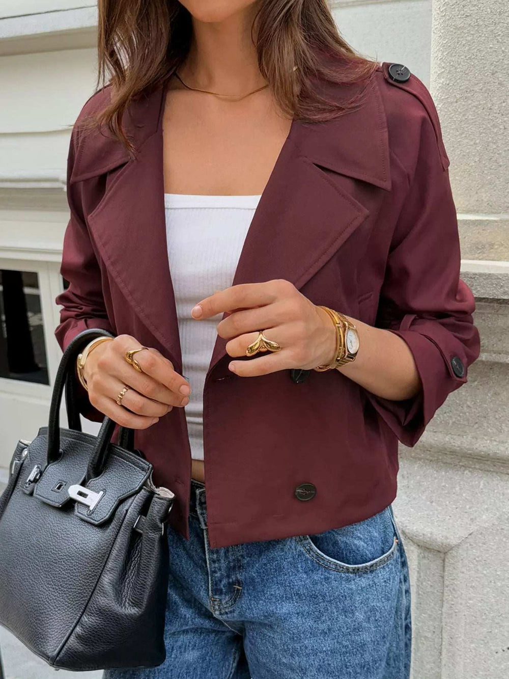 Cropped Double-Breasted Raglan Sleeve Jacket - Trendsi - Flyclothing LLC