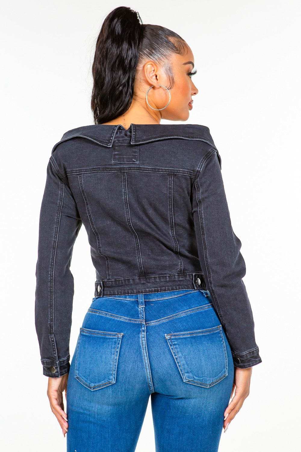 American Bazi Off Shoulder Lace Up Denim Jacket - Trendsi - Flyclothing LLC