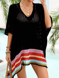 Slit Openwork V-Neck Half Sleeve Cover-Up - Trendsi - Flyclothing LLC