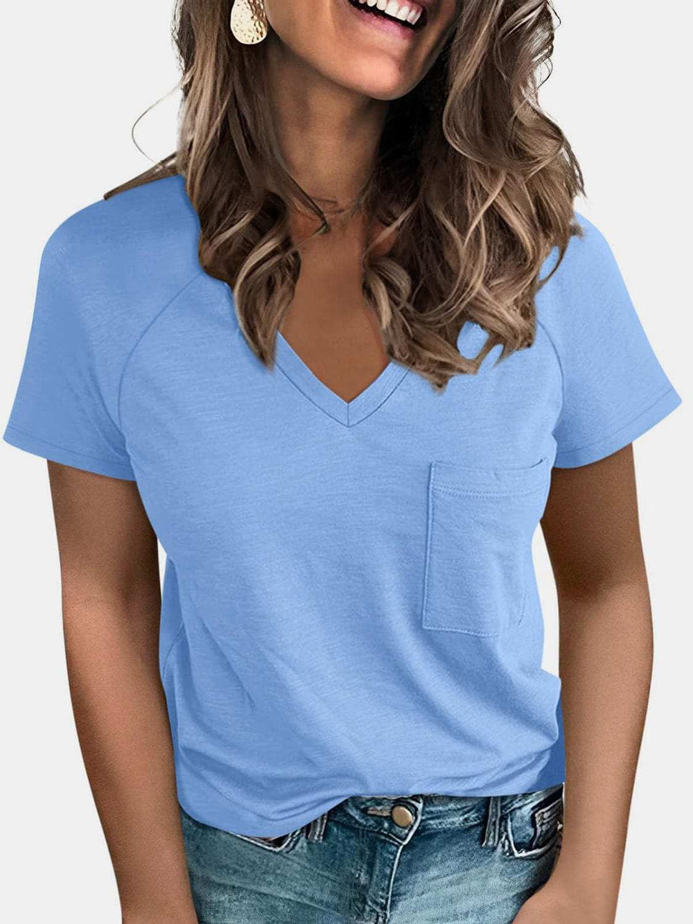Pocketed V-Neck Short Sleeve T-Shirt - Trendsi - Flyclothing LLC