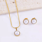 Synthetic Pearl 18K Gold-Plated Rhinestone Necklace and Earrings Jewelry Set - Trendsi - Flyclothing LLC
