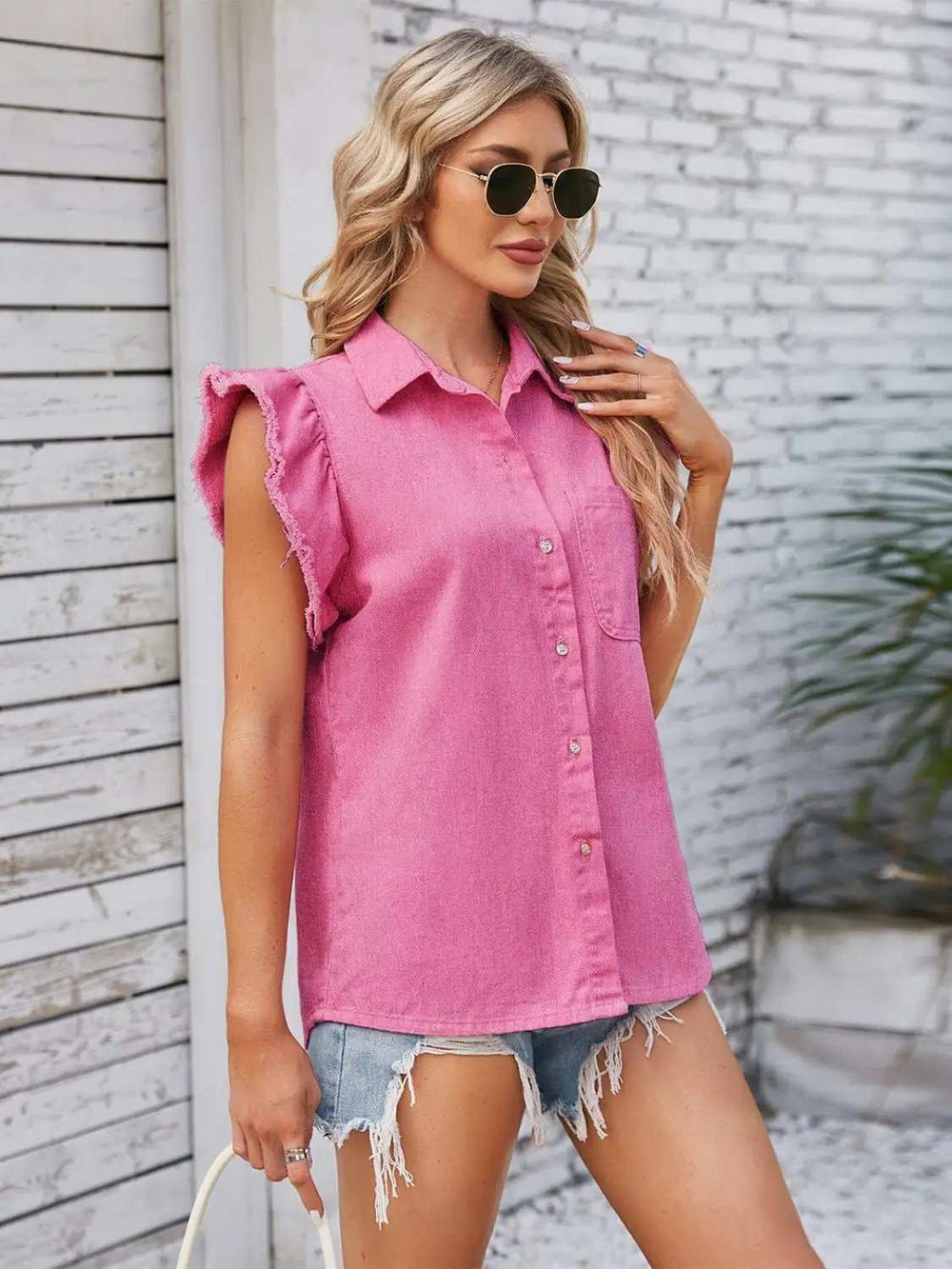 Ruffled Pocketed Collared Neck Cap Sleeve Denim Top - Trendsi - Flyclothing LLC