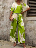 Printed V-Neck Top and Wide Leg Pants Set - Trendsi - Flyclothing LLC