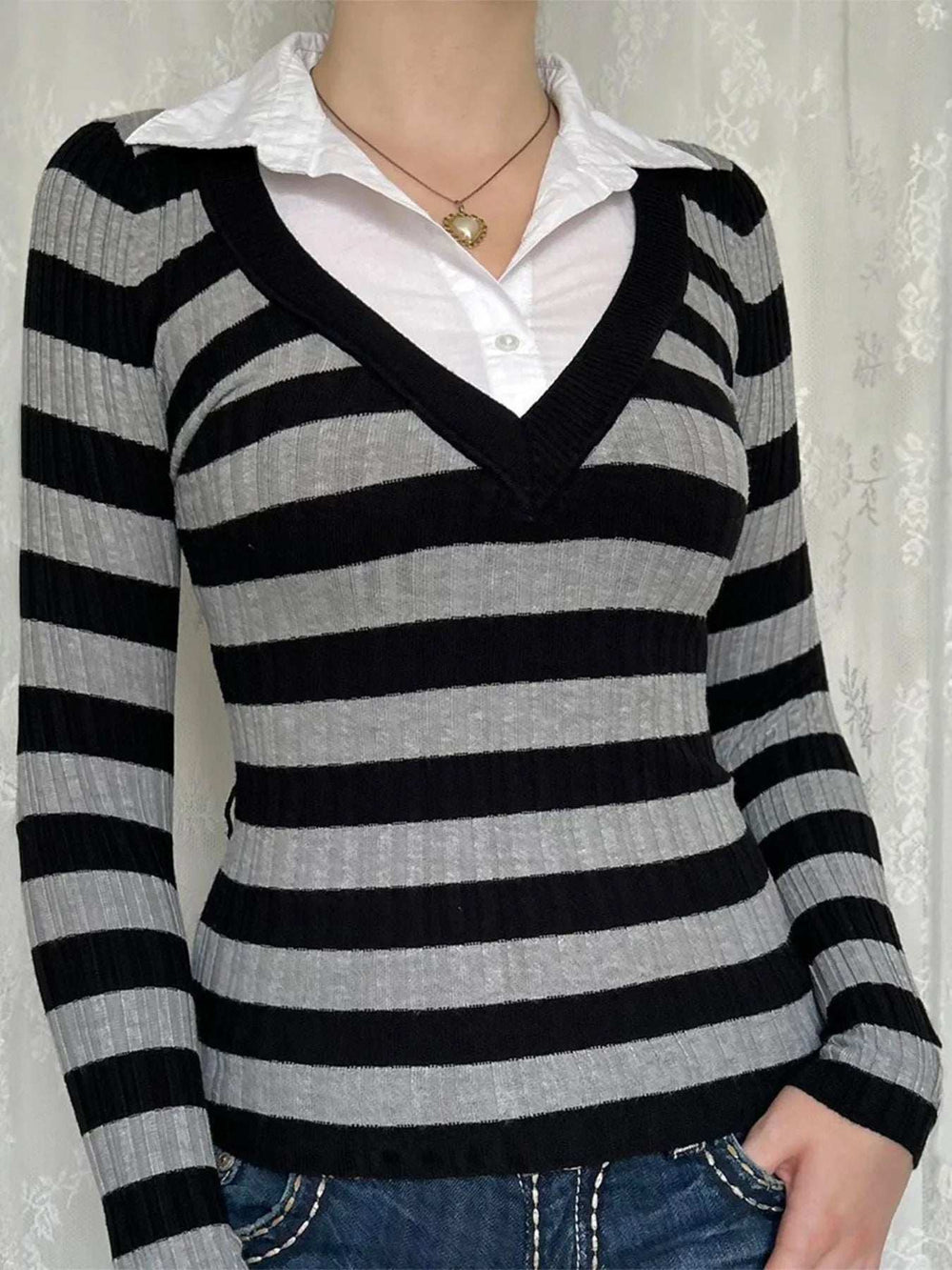 Contrast Collar Striped Long Sleeve Knit Top - Trendsi - Flyclothing LLC