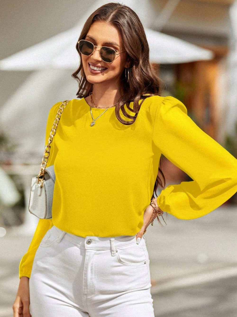 Round Neck Balloon Sleeve Blouse - Trendsi - Flyclothing LLC