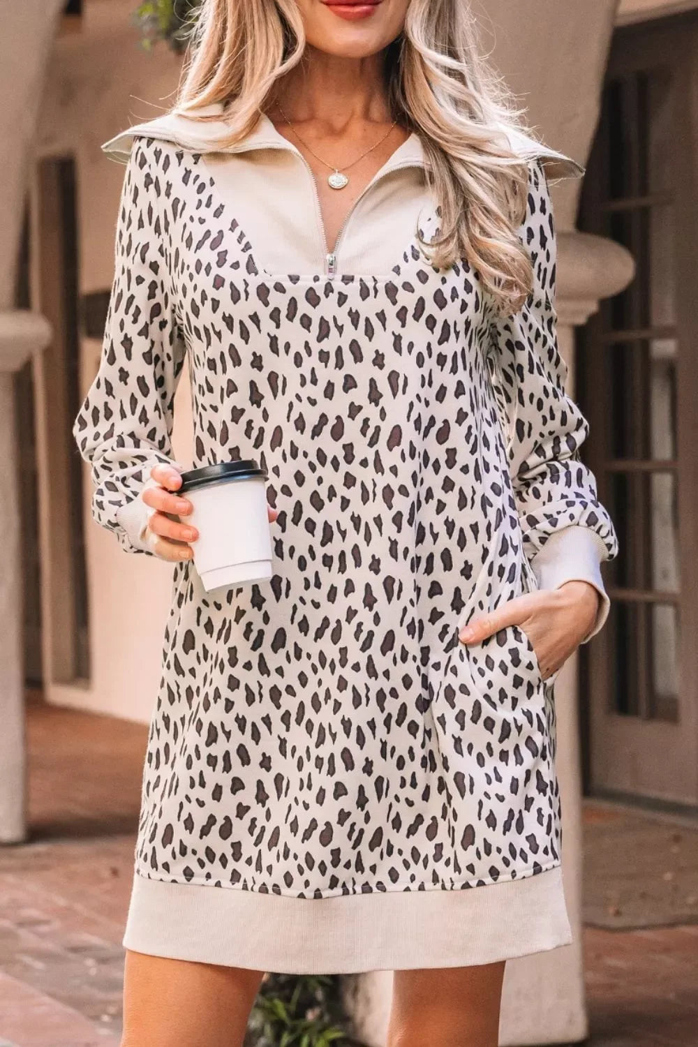 Leopard Print Zip up Collar Patchwork Shift Mini Dress - Trendsi - Flyclothing LLC