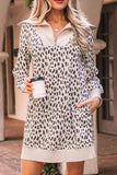 Leopard Print Zip up Collar Patchwork Shift Mini Dress - Trendsi - Flyclothing LLC