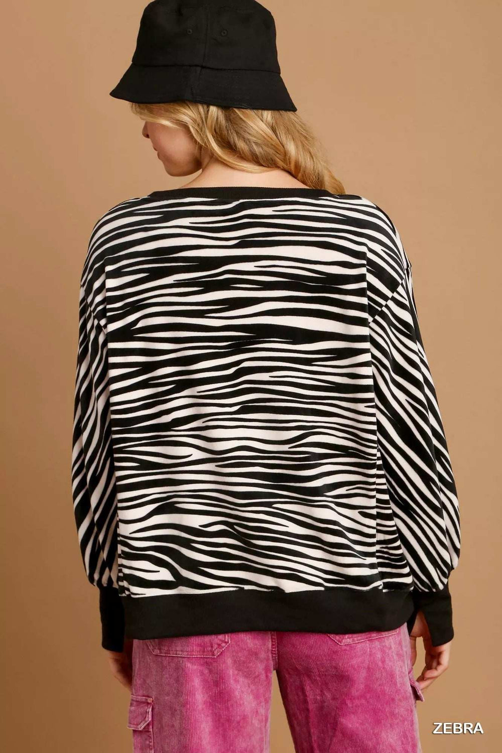 Umgee Zebra Striped Fleece Pullover Sweater Shirt - Trendsi - Flyclothing LLC