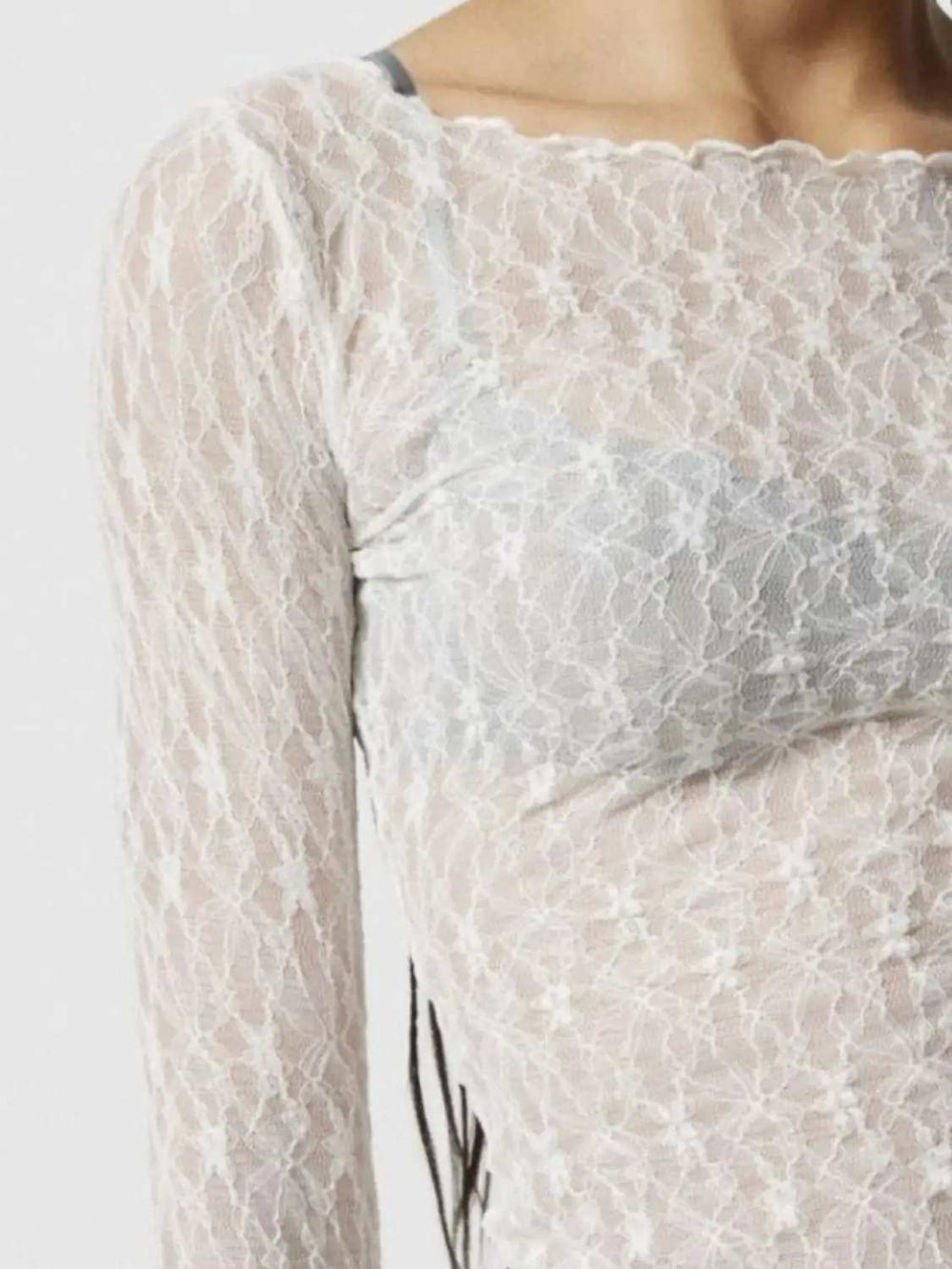 Lace Boat Neck Long Sleeve Blouse - Trendsi - Flyclothing LLC