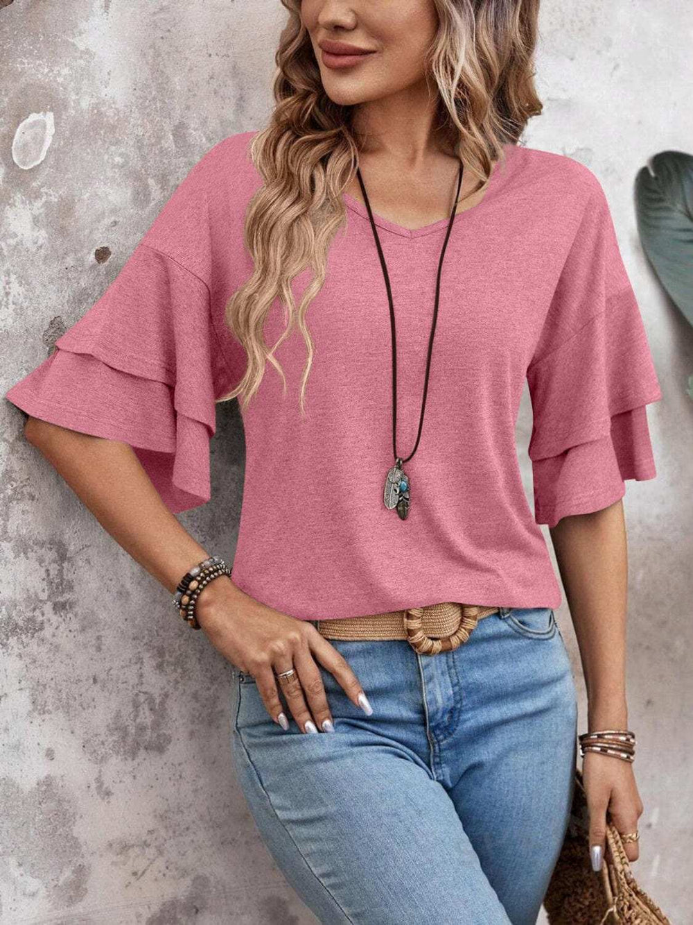 V-Neck Half Sleeve Blouse - Trendsi - Flyclothing LLC