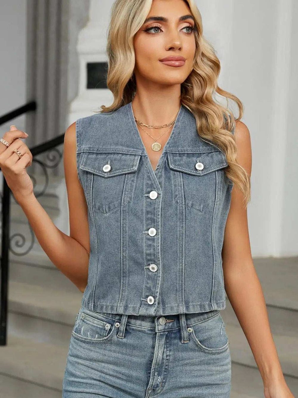 V-Neck Button Down Denim Vest - Trendsi - Flyclothing LLC