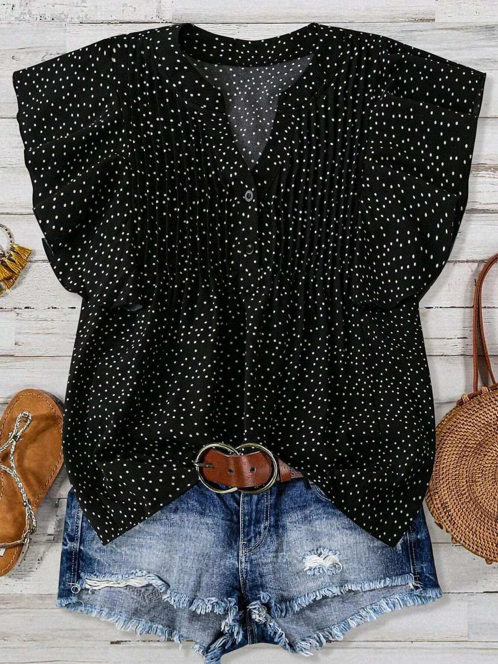 Polka Dot Notched Ruffled Cap Sleeve Blouse - Trendsi - Flyclothing LLC