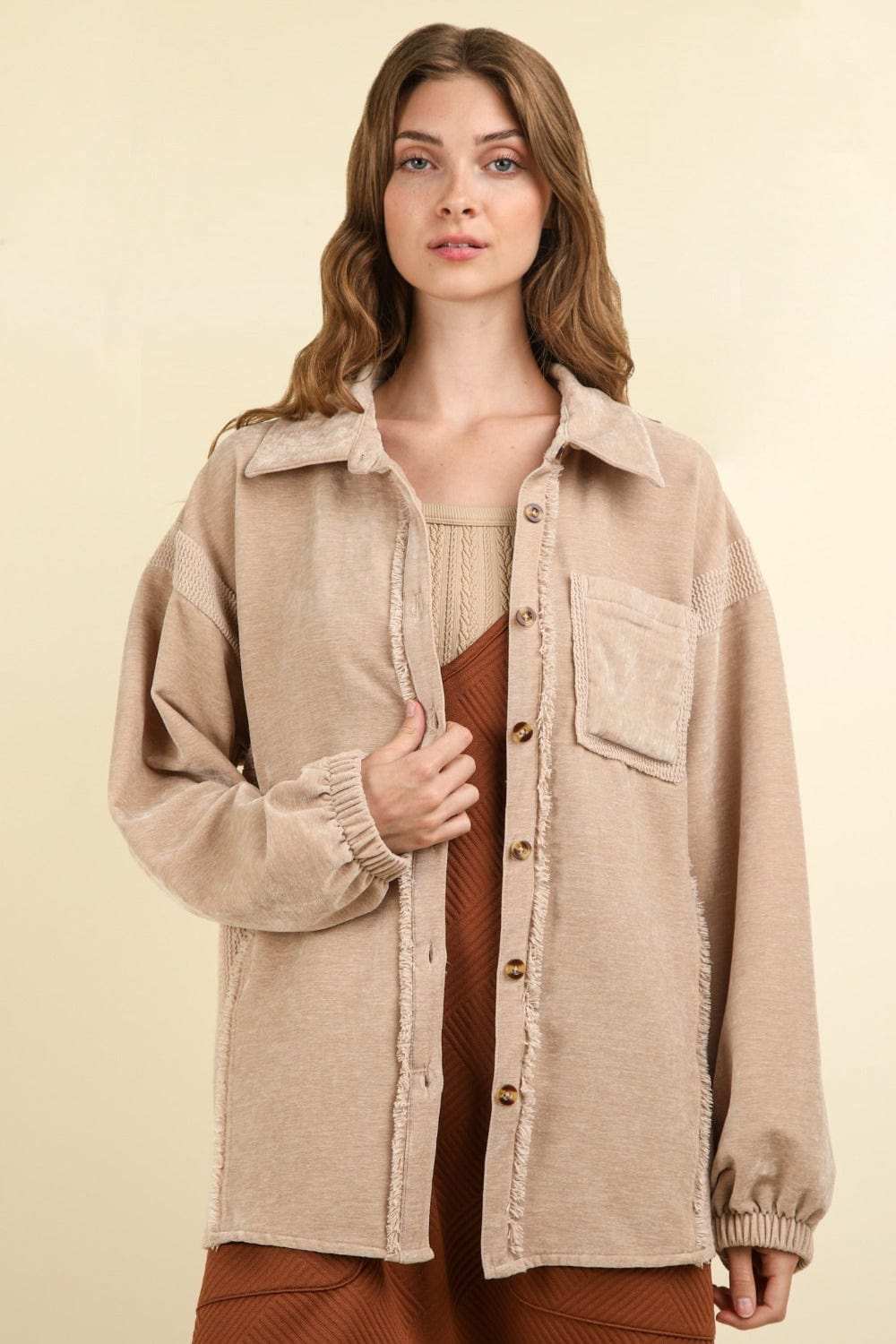 VERY J Mixed Media Button Down Raw Hem Shacket - Trendsi - Flyclothing LLC