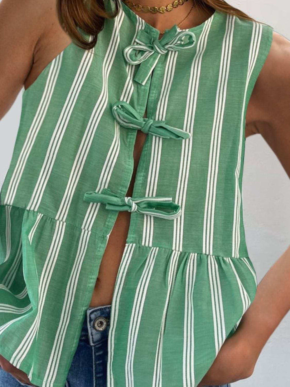 Tied Striped Round Neck Tank - Trendsi - Flyclothing LLC