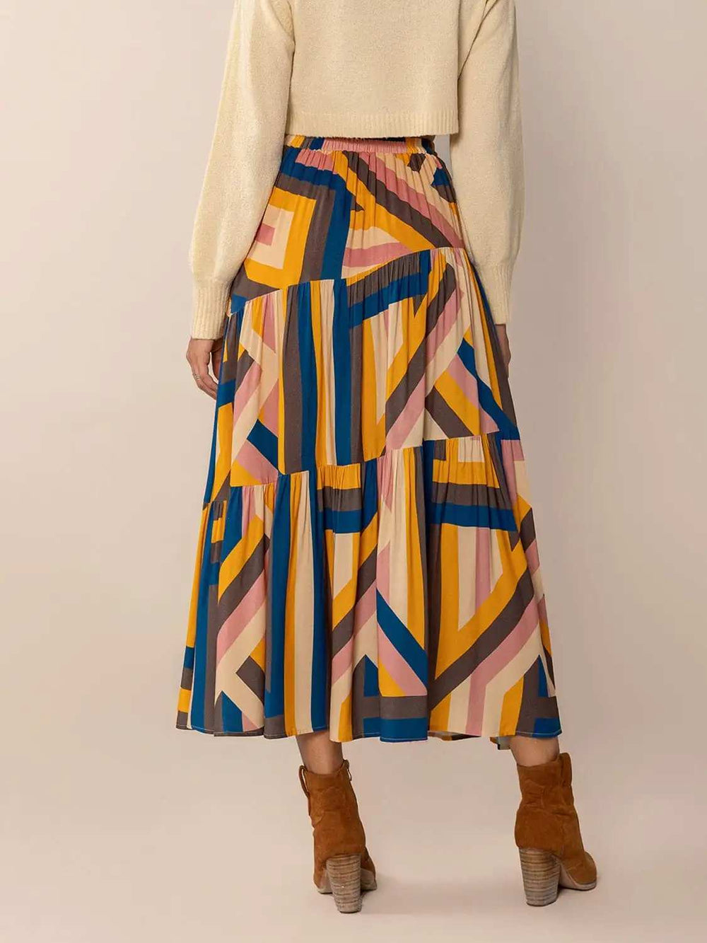 Ruched Elastic Waist Contrast Midi Skirt - Trendsi - Flyclothing LLC