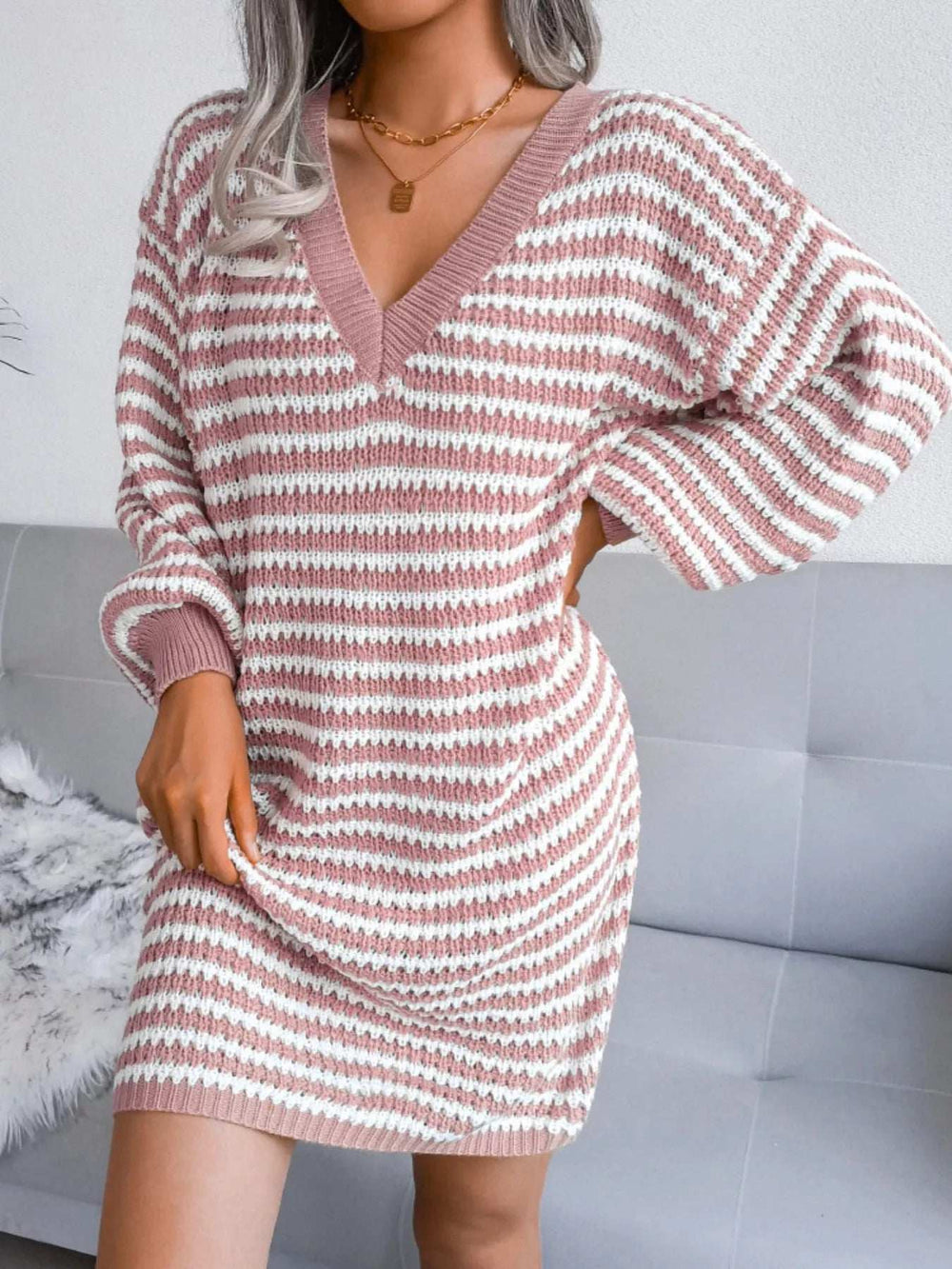 Striped V-Neck Long Sleeve Sweater Dress - Trendsi - Flyclothing LLC