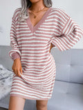 Striped V-Neck Long Sleeve Sweater Dress - Trendsi - Flyclothing LLC