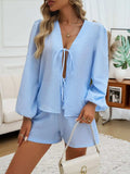 Tied Long Sleeve Top and Shorts Set - Trendsi - Flyclothing LLC