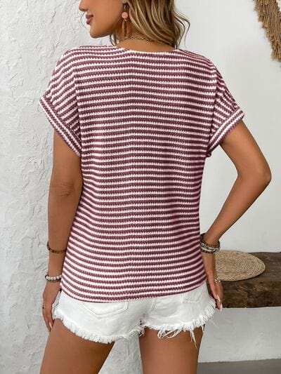 Striped V-Neck Short Sleeve T-Shirt - Trendsi - Flyclothing LLC
