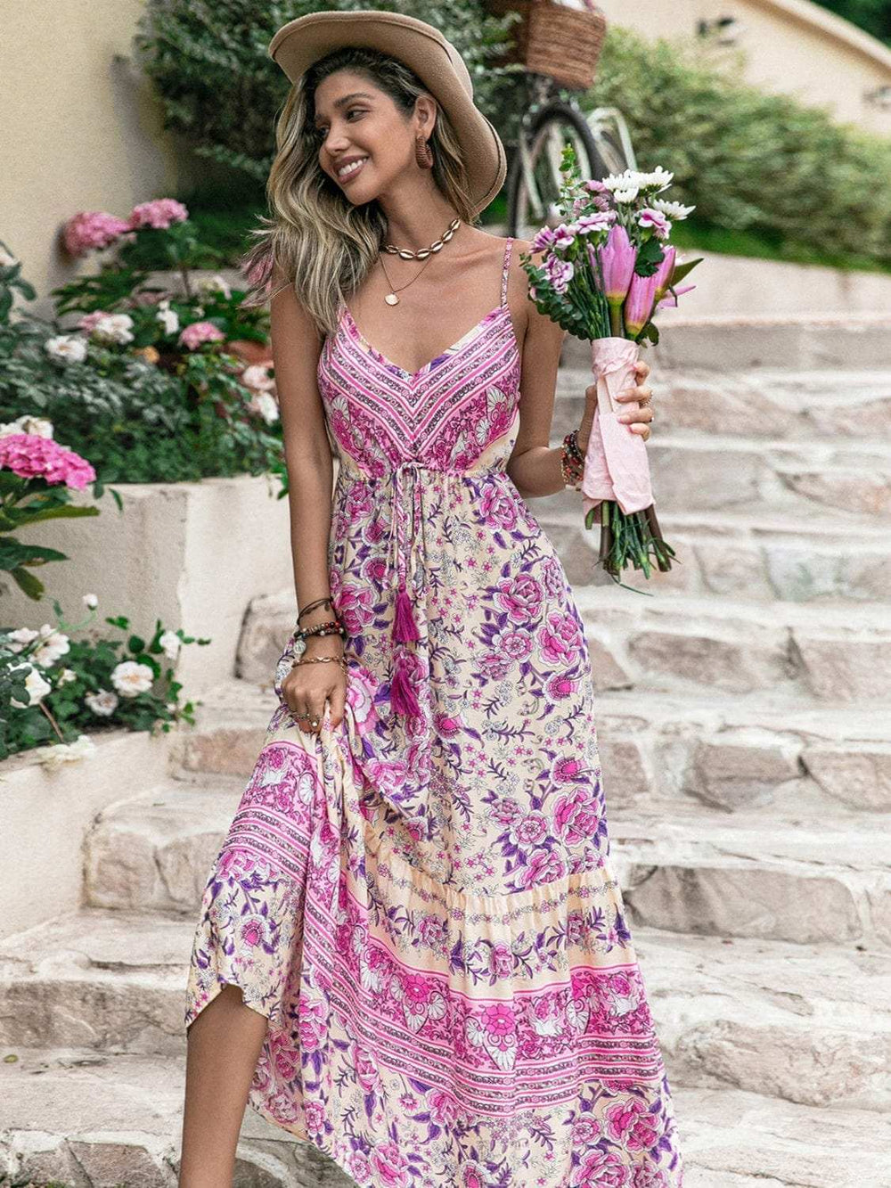 Tassel Printed V-Neck Maxi Dress - Trendsi - Flyclothing LLC