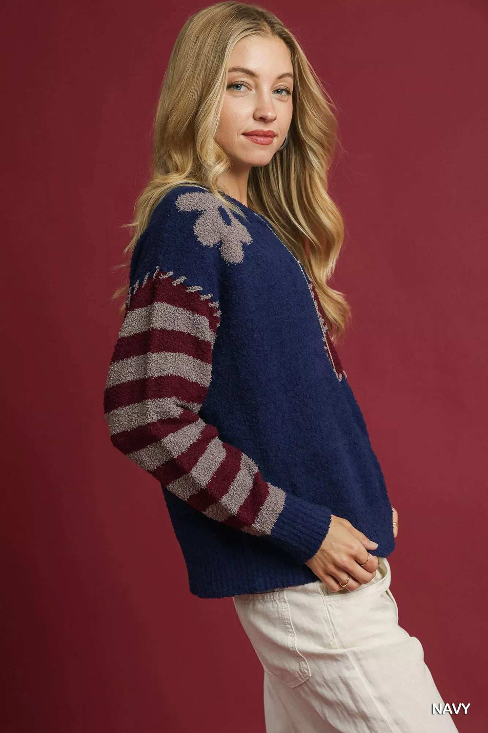 Umgee Flower Jacquard Striped Long Sleeve Sweater - Trendsi - Flyclothing LLC