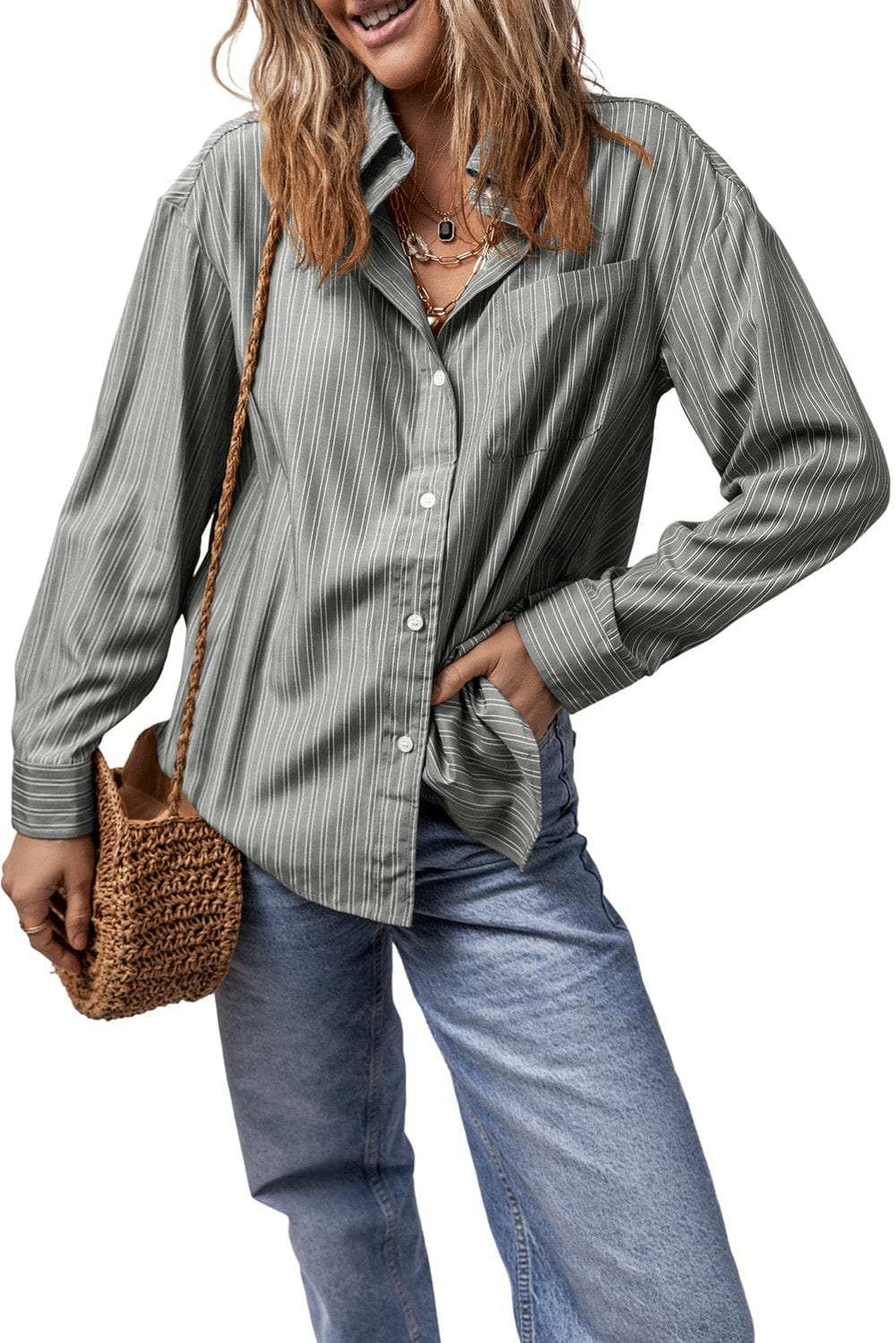 Striped Button Up Long Sleeve Shirt - Trendsi - Flyclothing LLC