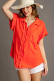 Umgee Full Size Linen Blend Button Down Short Folded Sleeve Shirt Plus Size - Trendsi - Flyclothing LLC