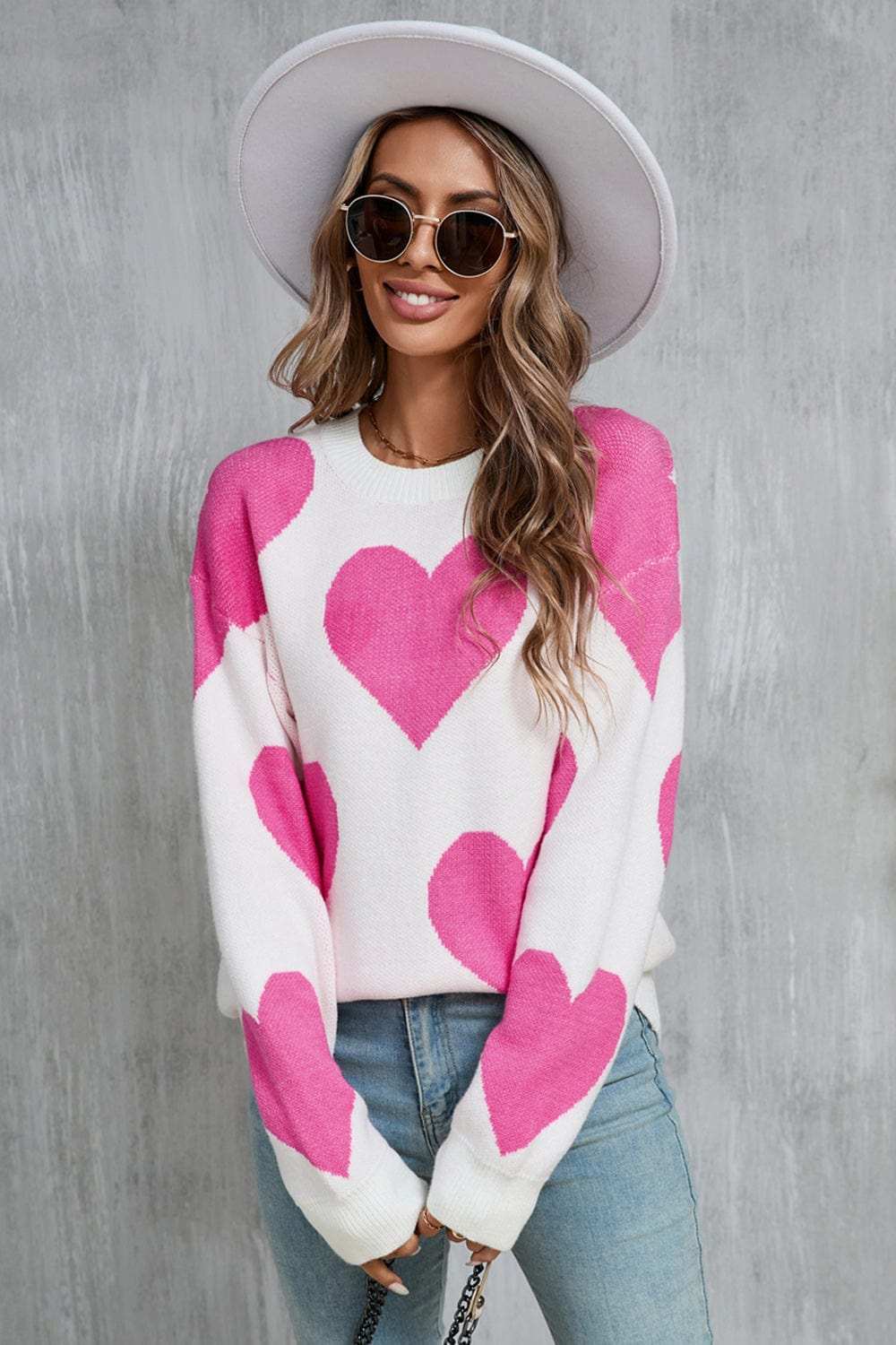 Angel Wings Contrast Heart Dropped Shoulder Long Sleeve Sweater - Trendsi - Flyclothing LLC