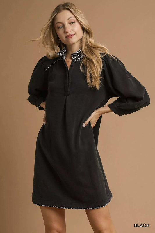 Umgee French Terry Balloon Sleeve Shift Dress with Leopard Print Detail - Trendsi - Flyclothing LLC