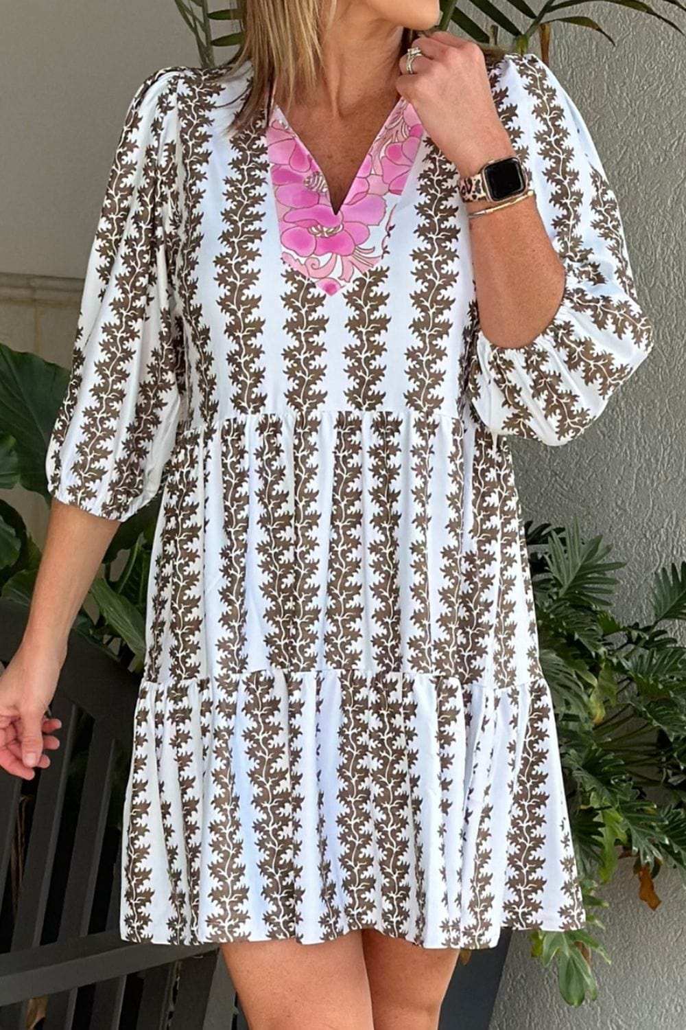Printed Notched 3/4 Sleeve Mini Dress - Trendsi - Flyclothing LLC