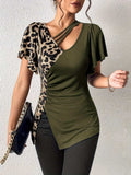 Ruched Leopard Flutter Sleeve T-Shirt - Trendsi - Flyclothing LLC