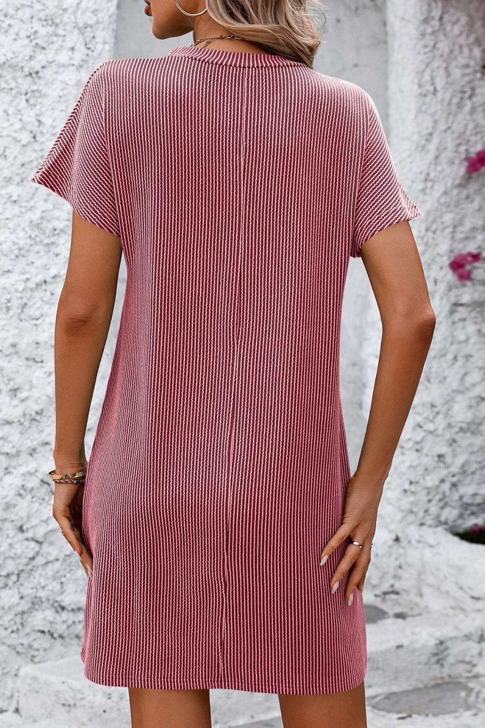 Ribbed Striped Short Sleeve Mini Tee Dress - Trendsi - Flyclothing LLC