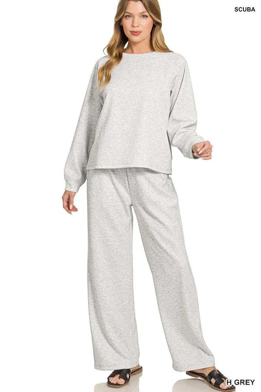 Zenana Scuba Crewneck Sweatshirt and Pants Set - Trendsi - Flyclothing LLC