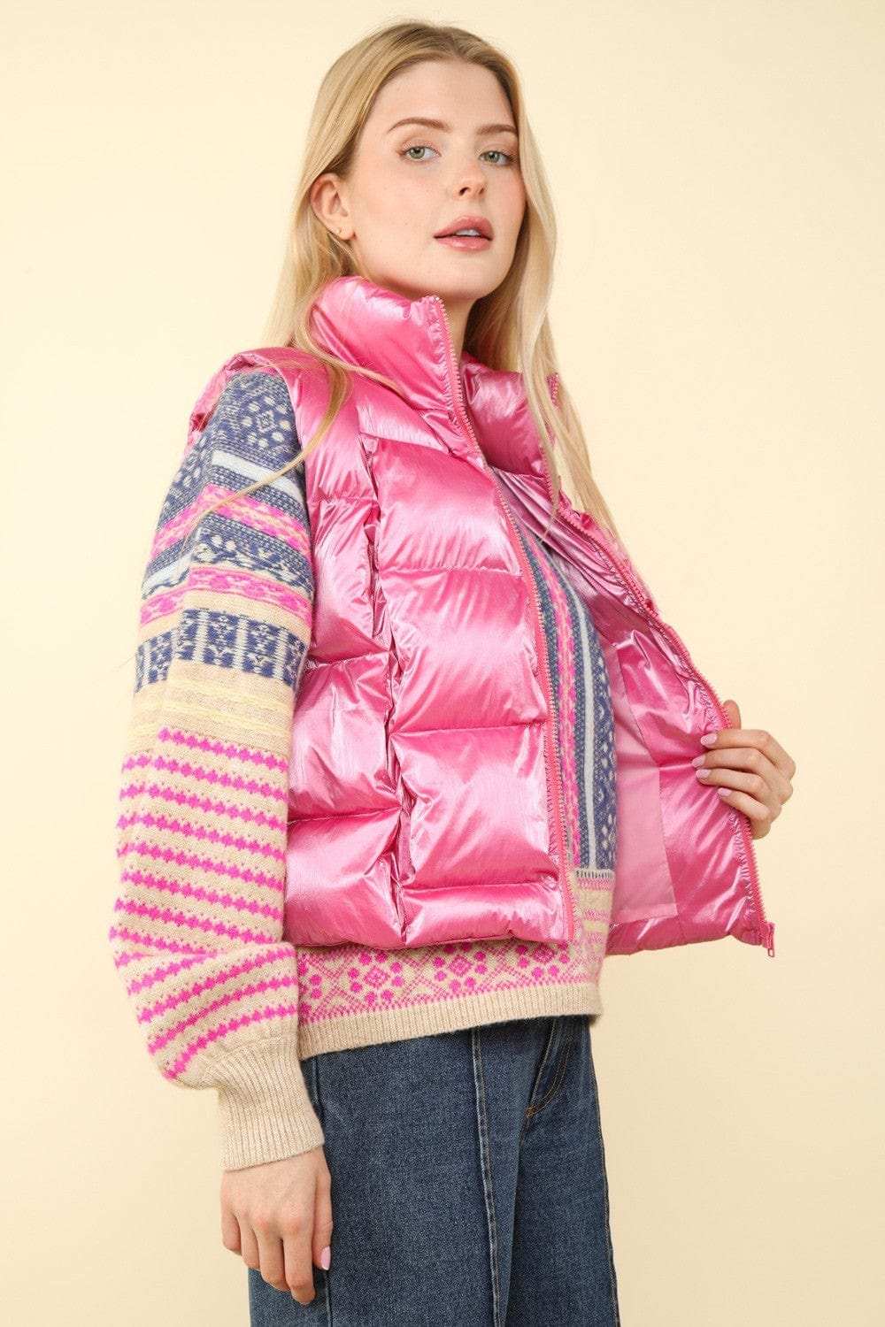 VERY J Shiny Metallic Zip Up Puffer Vest - Trendsi - Flyclothing LLC