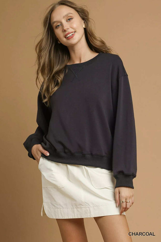 Umgee Round Neck Long Sleeve Fleece Sweatshirt - Trendsi - Flyclothing LLC