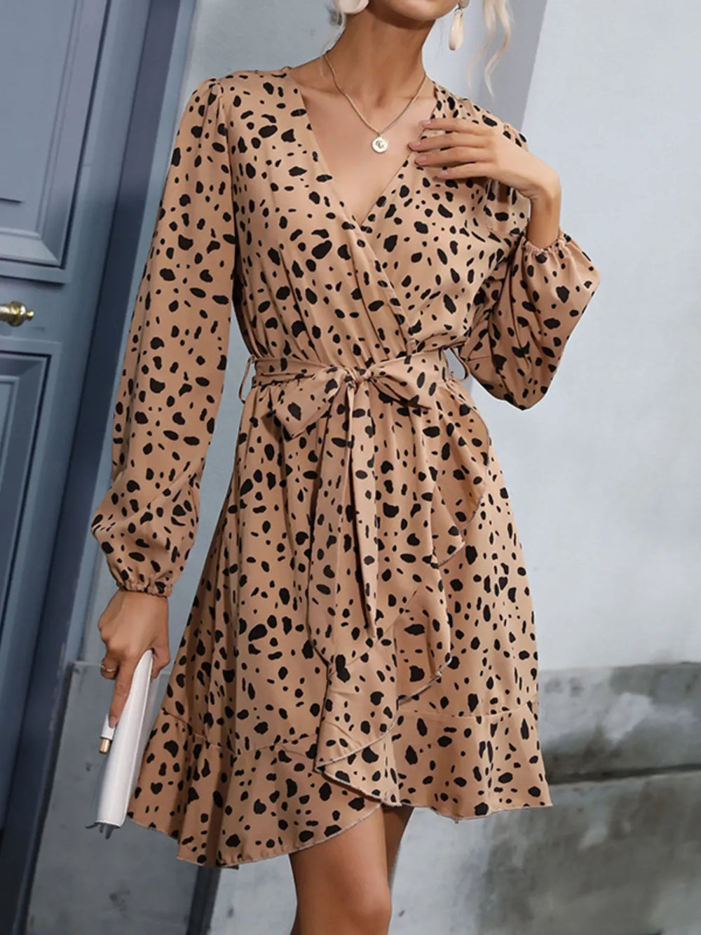 Leopard Surplice Wrap Mini Dress - Trendsi - Flyclothing LLC