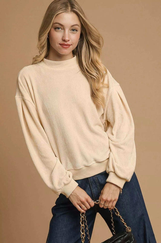Umgee Velour Crewneck Balloon Sleeve Sweatshirt - Trendsi - Flyclothing LLC