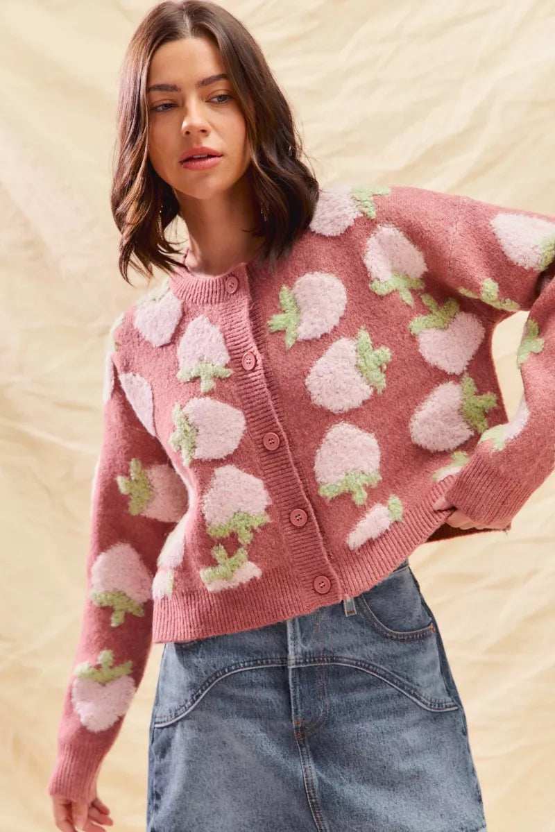 SO ME Strawberry Fruit All Over Button Sweater Cardigan - Trendsi - Flyclothing LLC