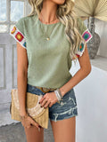 Devine Swiss Dot Round Neck Crochet Short Sleeve Top - Trendsi - Flyclothing LLC