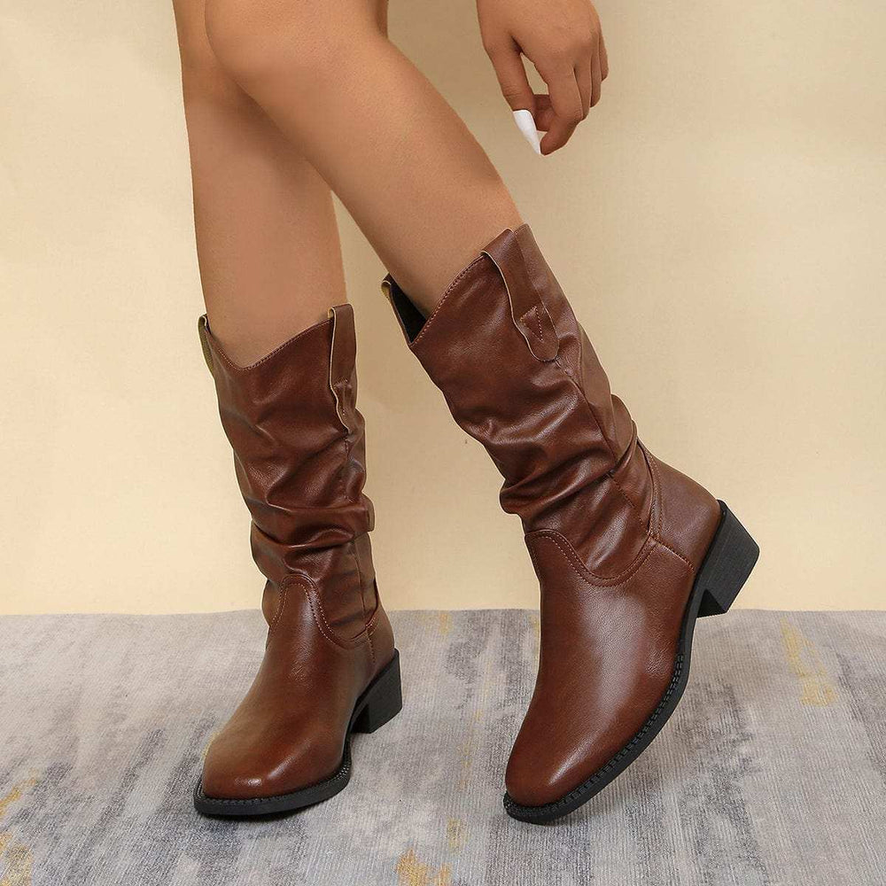 Pleated Pull-On Western Cowboy Boots - Trendsi - Flyclothing LLC