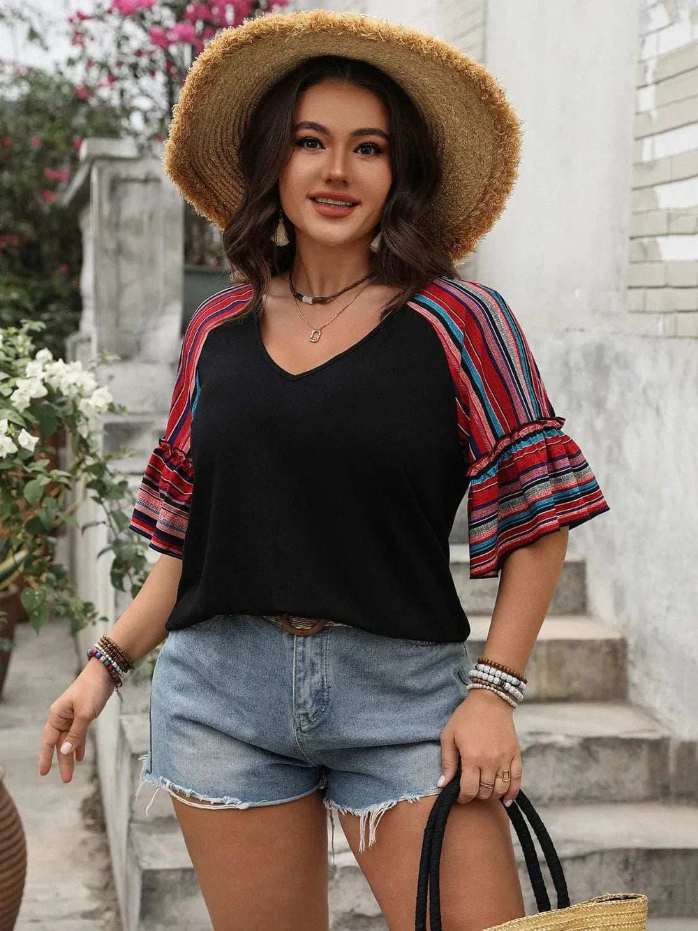 Plus Size V-Neck Flounce Sleeve Top - Trendsi - Flyclothing LLC