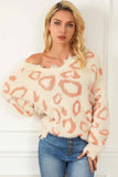 Distressed Trim Leopard V-Neck Sweater - Trendsi - Flyclothing LLC