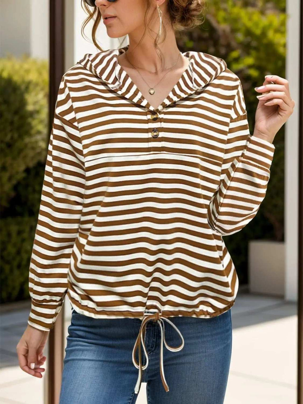 Drawstring Striped Long Sleeve Hoodie - Trendsi - Flyclothing LLC
