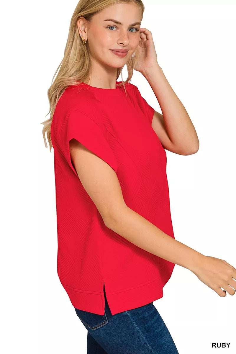 Zenana Textured Knit Jacquard Short Sleeve Top - Trendsi - Flyclothing LLC